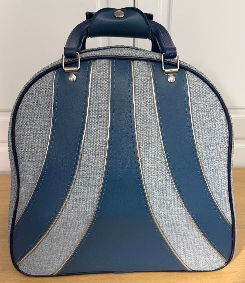 Vintage Brunswick Bowling Bag in Blue and Tweed with Metal Rack